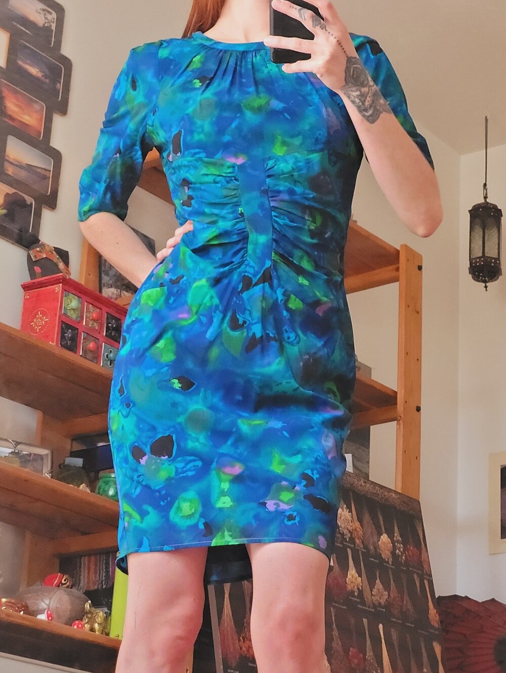 Whistles Blue and Green Abstract Ruched Silk Midi Dress - Size Us6